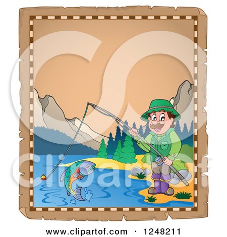 Clipart of an Aged Parchment Page with a Man Fishing in a Mountainous Lake - Royalty Free Vector Illustration by visekart