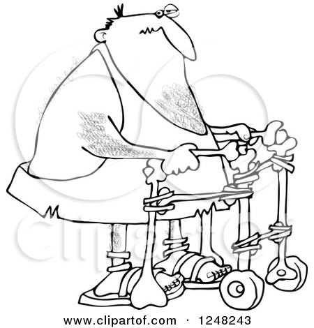 Clipart of a Black and White Injured Caveman Using a Walker - Royalty Free Vector Illustration by djart