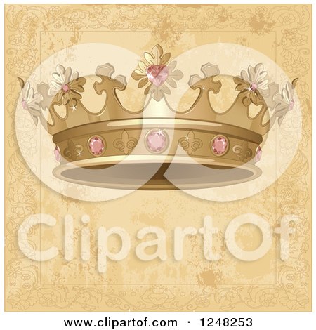 Clipart of a Gold Princess Crown with Pink Gems on Aged Parchment - Royalty Free Vector Illustration by Pushkin