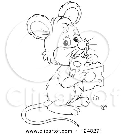 Clipart of a Black and White Cute Mouse Holding Cheese - Royalty Free Vector Illustration by Alex Bannykh