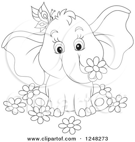 Clipart of a Black and White Cute Elephant with a Butterfly and Flowers - Royalty Free Vector Illustration by Alex Bannykh