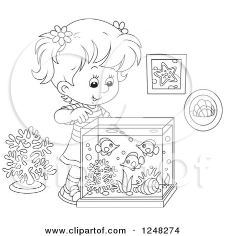 Clipart of a Black and White Girl Looking into a Fish Tank - Royalty Free Vector Illustration by Alex Bannykh