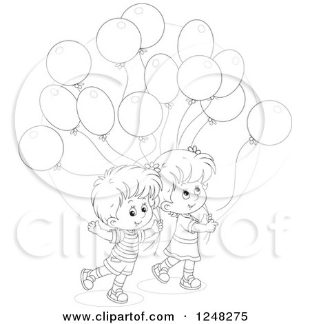 Clipart of Black and White Children with Party Balloons - Royalty Free Vector Illustration by Alex Bannykh