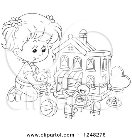 Clipart of a Black and White Girl Playing with Toys at a Doll House - Royalty Free Vector Illustration by Alex Bannykh