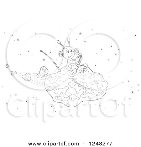 Clipart of a Black and White Happy Alien Flying an Asteroid Spaceship - Royalty Free Vector Illustration by Alex Bannykh