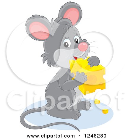 Clipart of a Cute Gray Mouse Holding a Block of Cheese - Royalty Free Vector Illustration by Alex Bannykh