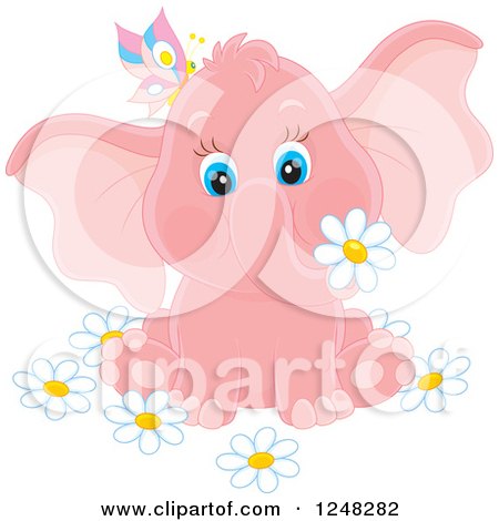 Clipart of a Cute Pink Elephant with a Butterfly and Daisy Flowers - Royalty Free Vector Illustration by Alex Bannykh