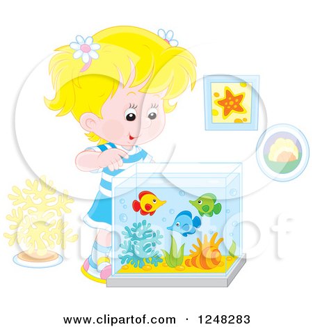 Clipart of a Blond Caucasian Girl Looking into a Fish Tank - Royalty Free Vector Illustration by Alex Bannykh