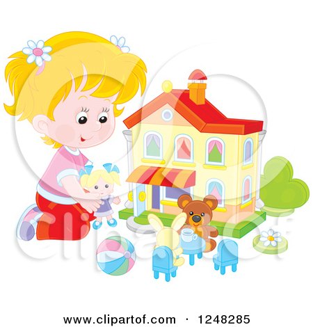Clipart of a Blond Caucasian Girl Playing with Toys at a Doll House - Royalty Free Vector Illustration by Alex Bannykh
