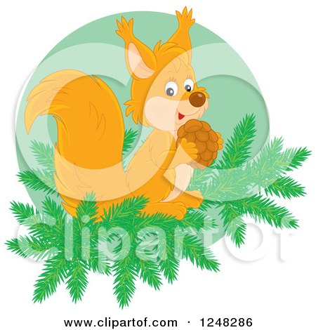 Clipart of a Cute Squirrel Holding a Nut on a Branch - Royalty Free Vector Illustration by Alex Bannykh