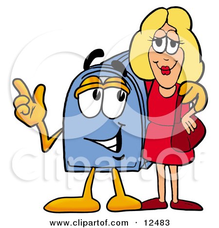 Clipart Picture of a Blue Postal Mailbox Cartoon Character Talking to a Pretty Blond Woman by Mascot Junction