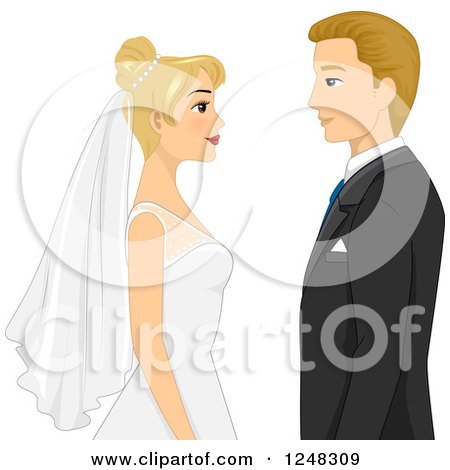 Clipart of a Blond Caucasian Wedding Couple Facing Each Other - Royalty Free Vector Illustration by BNP Design Studio