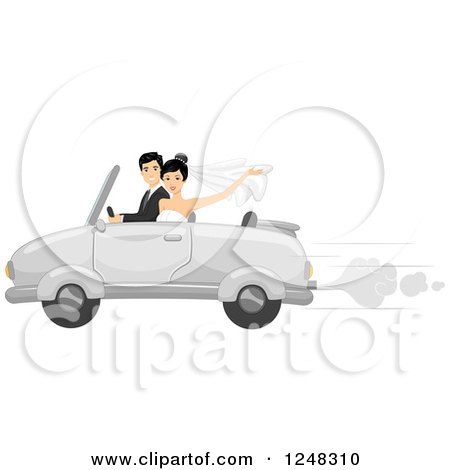 Clipart of a Just Married Wedding Couple Driving Away in a Convertible - Royalty Free Vector Illustration by BNP Design Studio