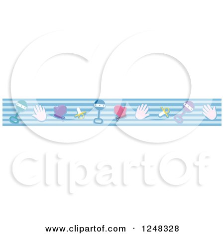 Clipart of a Border of Baby Items over Blue Stripes - Royalty Free Vector Illustration by BNP Design Studio