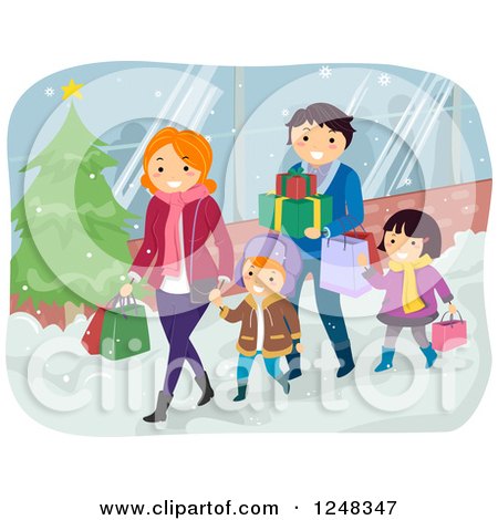 Clipart of a Happy Family Christmas Shopping Together - Royalty Free Vector Illustration by BNP Design Studio