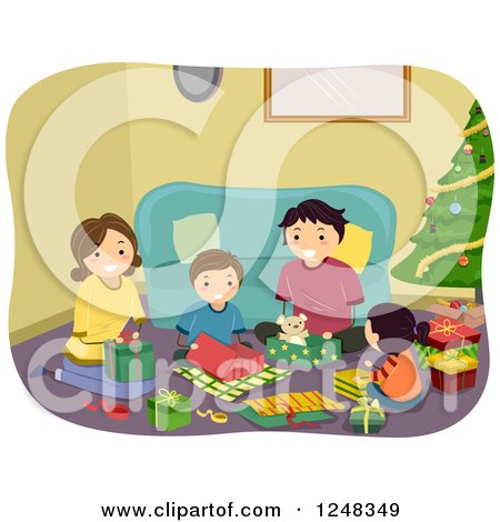 Clipart of a Happy Family Opening Gifts on Christmas Day - Royalty Free Vector Illustration by BNP Design Studio