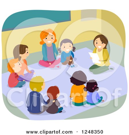 Clipart of a Female Teacher with Mothers and Children Sitting on a Floor - Royalty Free Vector Illustration by BNP Design Studio