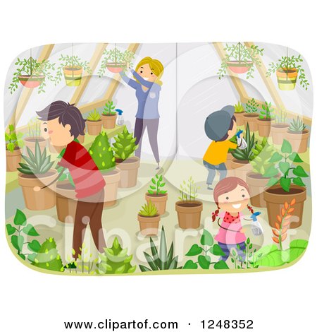 Clipart of a Happy Family Gardening in Their Greenhouse - Royalty Free Vector Illustration by BNP Design Studio