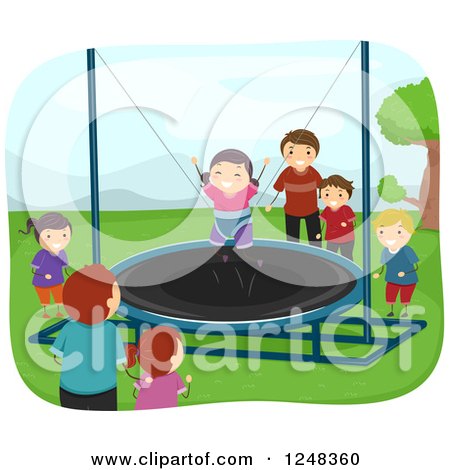 Clipart of Fathers Watching Children Play on a Trampoline - Royalty Free Vector Illustration by BNP Design Studio
