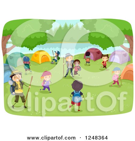 Clipart of Happy Diverse Children and Camp Guides at a Campground - Royalty Free Vector Illustration by BNP Design Studio