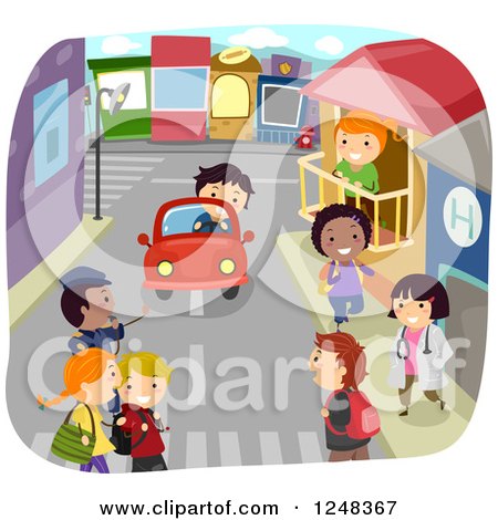 Clipart of Happy Diverse Children on a Community Street - Royalty Free Vector Illustration by BNP Design Studio