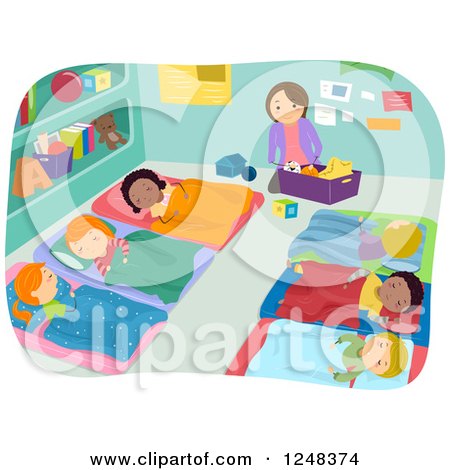 Clipart of a Teacher Cleaning While Students Take Nap Time - Royalty Free Vector Illustration by BNP Design Studio