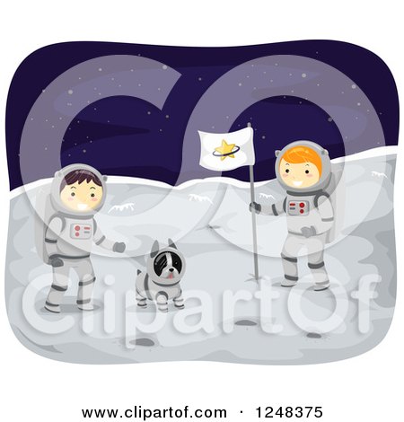 Clipart of a Boston Terrier and Boy Astronauts on the Moon - Royalty Free Vector Illustration by BNP Design Studio