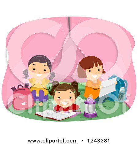 Clipart of Happy Camping Girls Reading and Talking in a Tent - Royalty Free Vector Illustration by BNP Design Studio