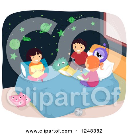 Clipart of a Boy and Girls Talking in a Bedroom with Glow in the Dark Planet and Star Stickers - Royalty Free Vector Illustration by BNP Design Studio