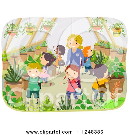 Clipart of a Female Teacher and Children Exploring a Greenhouse Garden - Royalty Free Vector Illustration by BNP Design Studio