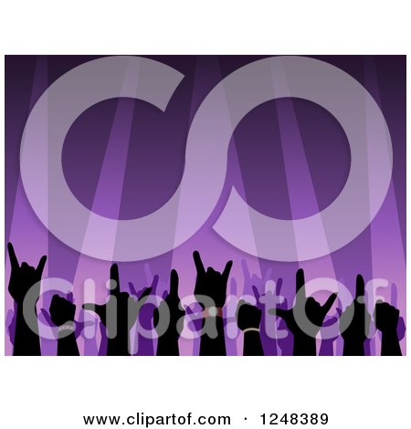 Clipart of a Crowd of Silhouetted Hands at a Rock Concert, over Purple Lights - Royalty Free Vector Illustration by BNP Design Studio