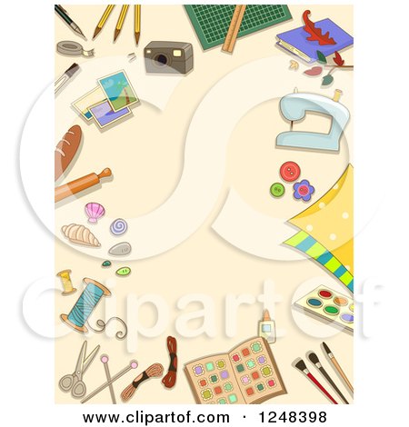 Clipart of a Tan Background Bordered with Arts and Crafts Items - Royalty Free Vector Illustration by BNP Design Studio