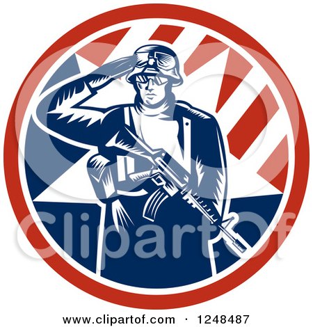 Clipart of a Retro Woodcut Soldier Saluting and Holding a Gun Inside an American Circle - Royalty Free Vector Illustration by patrimonio
