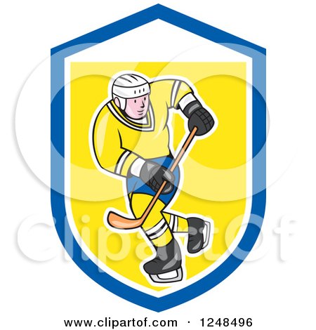 Clipart of a Cartoon Male Hockey Player in Blue and Yellow, in a Shield - Royalty Free Vector Illustration by patrimonio