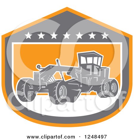 Clipart of a Retro Road Grader Machine in a Shield - Royalty Free Vector Illustration by patrimonio