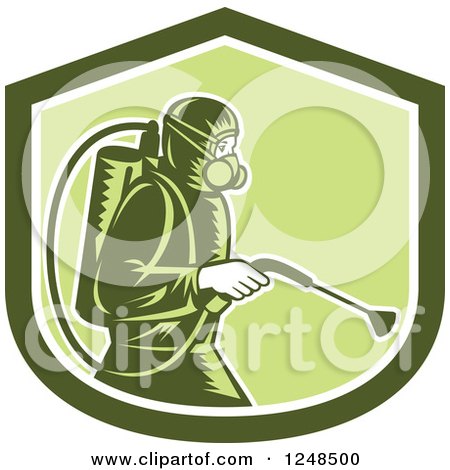 Clipart of a Retro Woodcut Pest Control Exterminator Spraying in a Green Shield - Royalty Free Vector Illustration by patrimonio