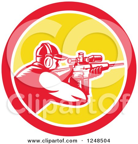 Clipart of a Retro Woodcut Man Shooting a Rifle with a Telescope in a Circle - Royalty Free Vector Illustration by patrimonio