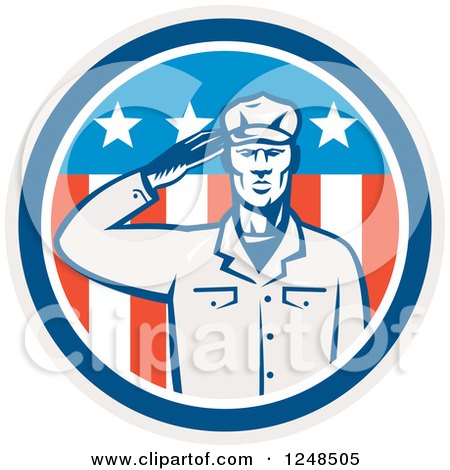 Clipart of a Retro Woodcut Saluting Soldier in an American Circle - Royalty Free Vector Illustration by patrimonio