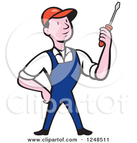Clipart of a Cartoon Male Handyman Mechanic or Electrician Holding a Screwdriver - Royalty Free Vector Illustration by patrimonio