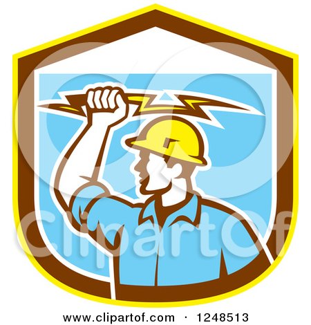 Clipart of a Retro Male Electrician Holding a Bolt over a Shield - Royalty Free Vector Illustration by patrimonio