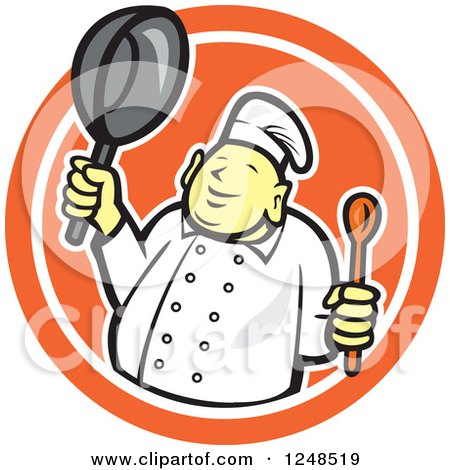 Clipart of a Buddha Chef Holding a Spoon and Pan in a Circle - Royalty Free Vector Illustration by patrimonio