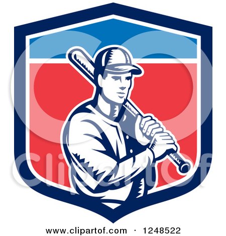 Clipart of a Retro Woodcut Male Baseball Player and Bat in a Shield - Royalty Free Vector Illustration by patrimonio