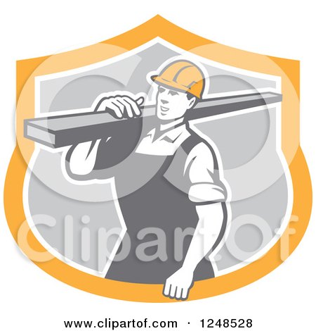 Clipart of a Retro Construction Worker Carrying a Beam in a Shield - Royalty Free Vector Illustration by patrimonio