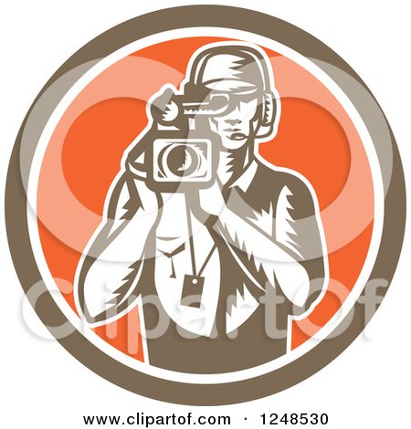 Clipart of a Retro Woodcut Camera Man in a Circle - Royalty Free Vector Illustration by patrimonio