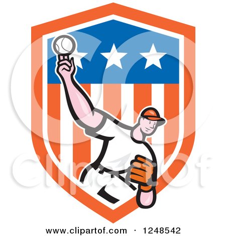 Clipart of a Cartoon Male Baseball Player Pitching in a Stars and Stripes Shield - Royalty Free Vector Illustration by patrimonio