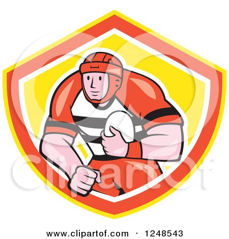 Clipart of a Cartoon Male Rugby Player Running in a Shield - Royalty Free Vector Illustration by patrimonio