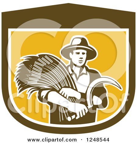 Clipart of a Retro Male Wheat Farmer Holding a Scythe in a Shield - Royalty Free Vector Illustration by patrimonio