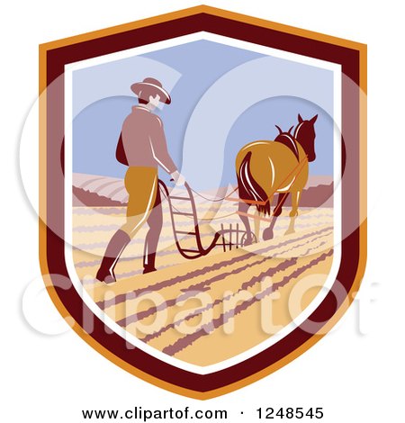 Clipart of a Retro Farmer and Horse Plowing a Field in a Shield - Royalty Free Vector Illustration by patrimonio