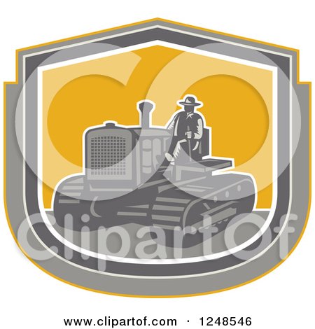 Clipart of a Retro Farmer Operating a Tractor in a Shield - Royalty Free Vector Illustration by patrimonio