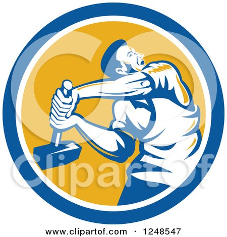 Clipart of a Retro Male Union Worker Using a Sledgehammer in a Circle - Royalty Free Vector Illustration by patrimonio
